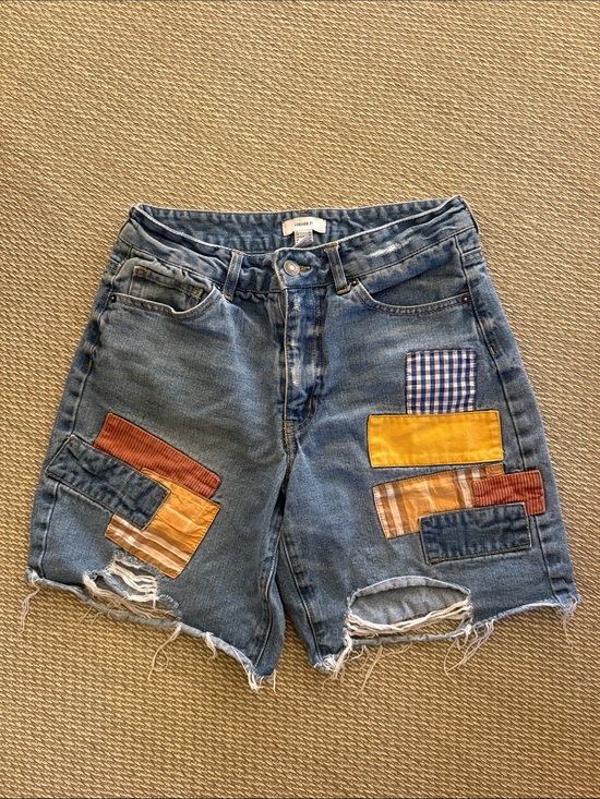 Pants - Patchwork Distressed Denim Shorts - Blue